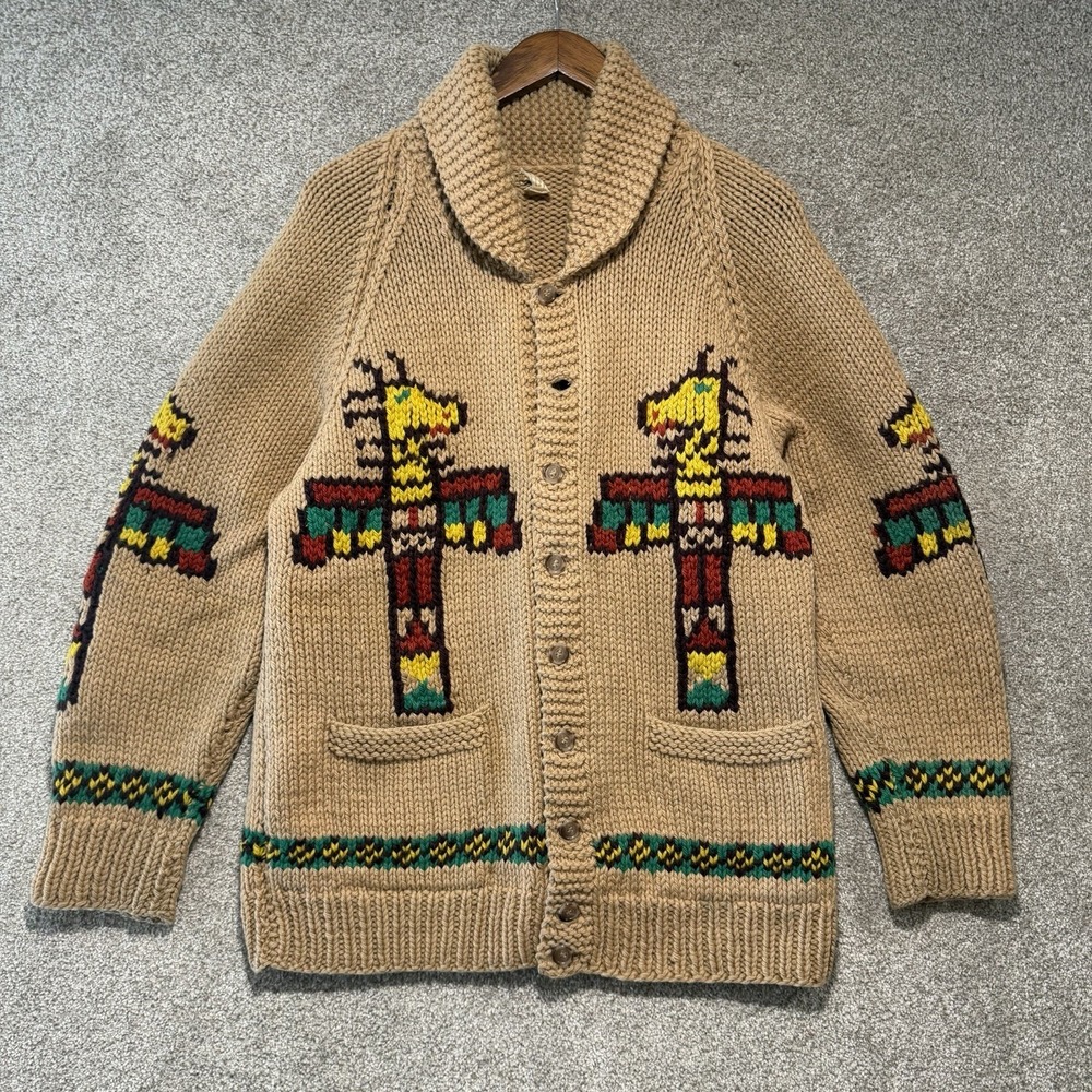 50s Handmade Crochet Festival Cowichan Sweater M Thunderbird Totem Pole *Flaws*